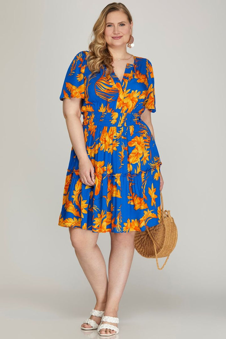 ROYAL BLUE FLORAL ELASTIC WAIST TIERED PLUS SIZE MINI DRESS SKPSY6888