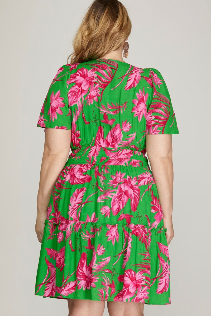 GREEN FLORAL ELASTIC WAIST TIERED PLUS SIZE MINI DRESS SKPSY6888