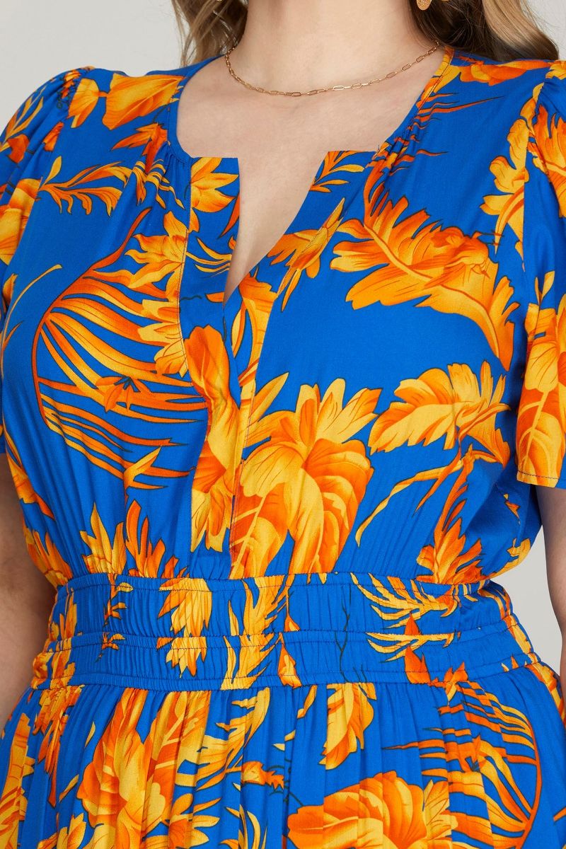 ROYAL BLUE FLORAL ELASTIC WAIST TIERED PLUS SIZE MINI DRESS SKPSY6888