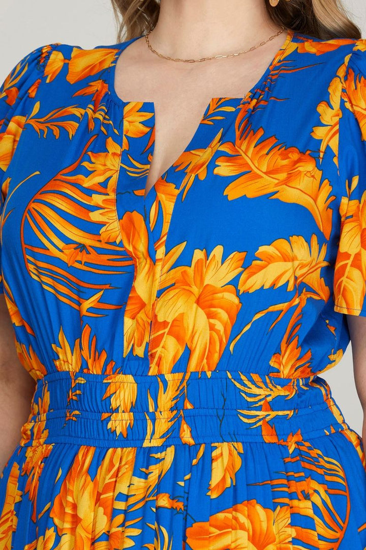 ROYAL BLUE FLORAL ELASTIC WAIST TIERED PLUS SIZE MINI DRESS SKPSY6888