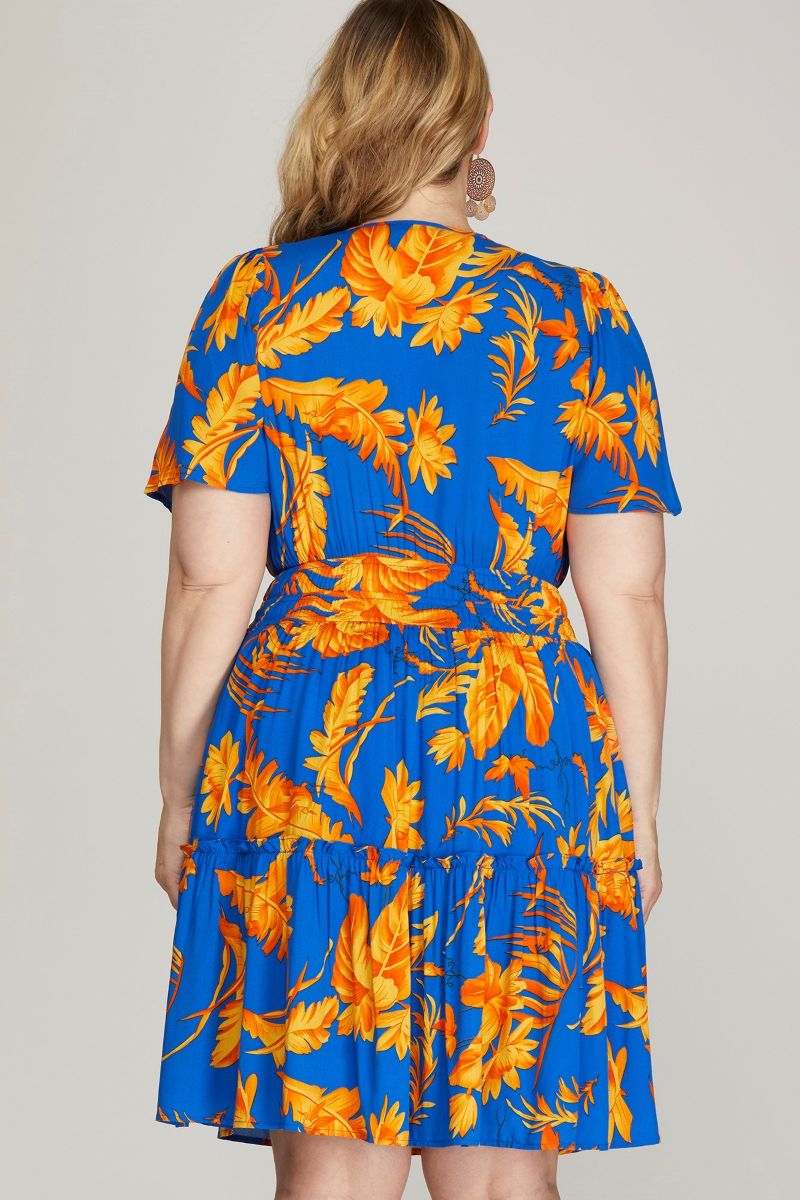 ROYAL BLUE FLORAL ELASTIC WAIST TIERED PLUS SIZE MINI DRESS SKPSY6888