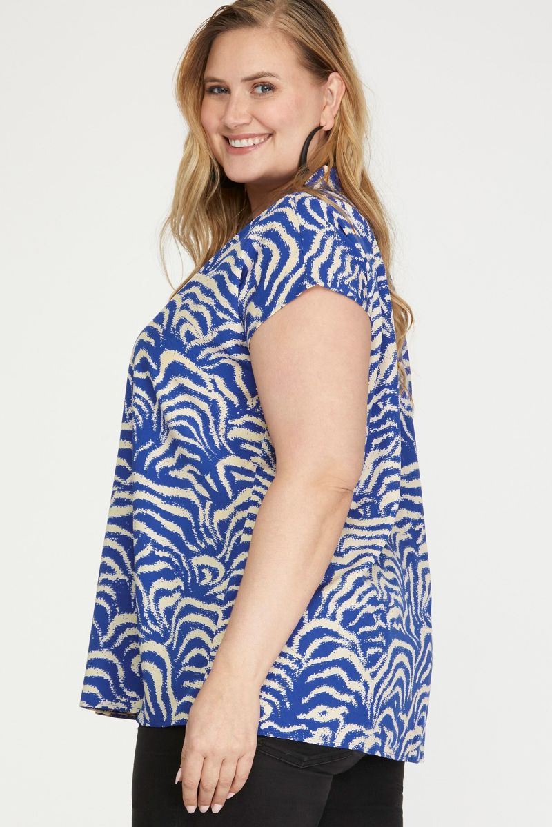 ROYAL BLUE V-NECK COLLARED DROP PLUS SIZE WOVEN TOP SKPSY6930