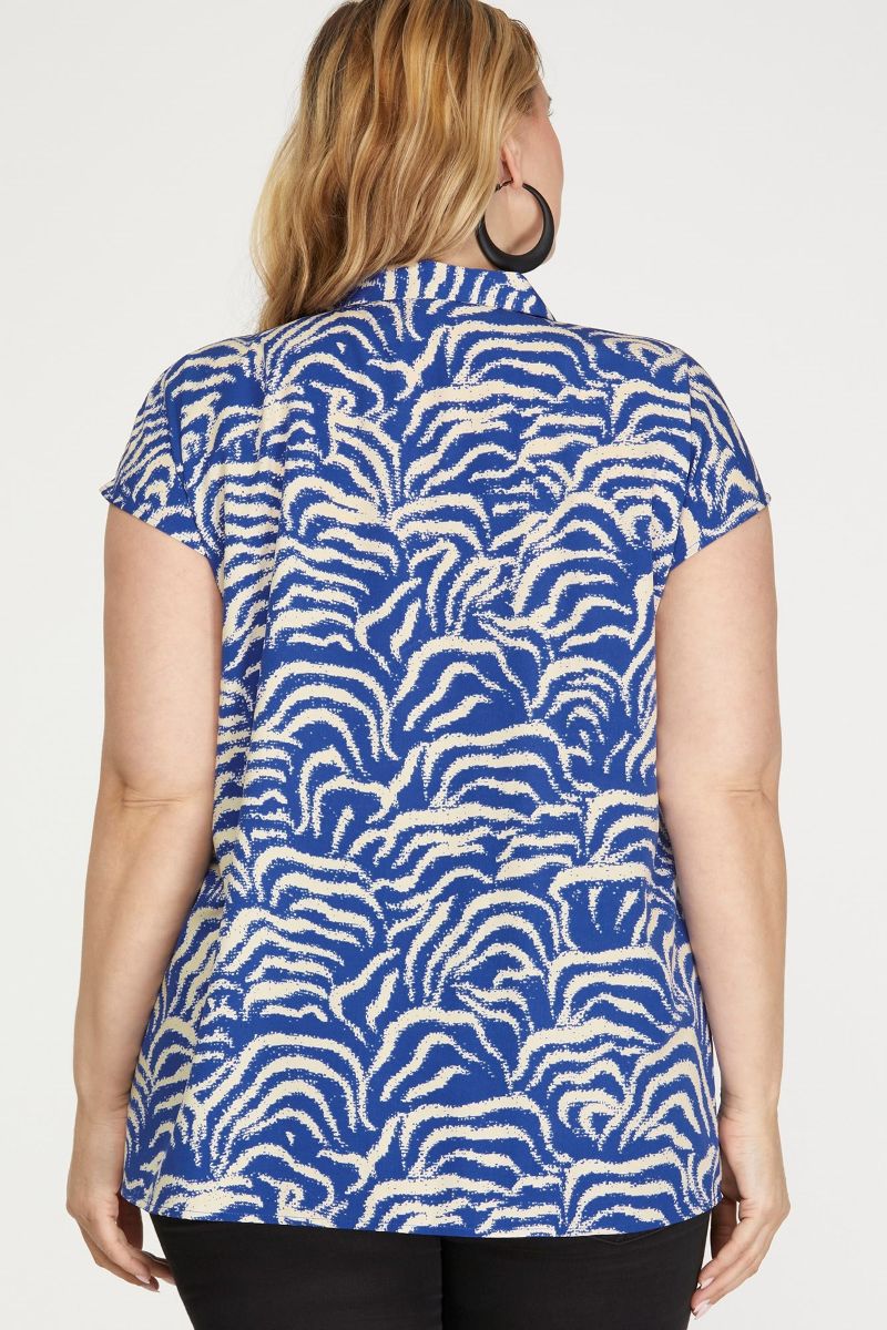 ROYAL BLUE V-NECK COLLARED DROP PLUS SIZE WOVEN TOP SKPSY6930