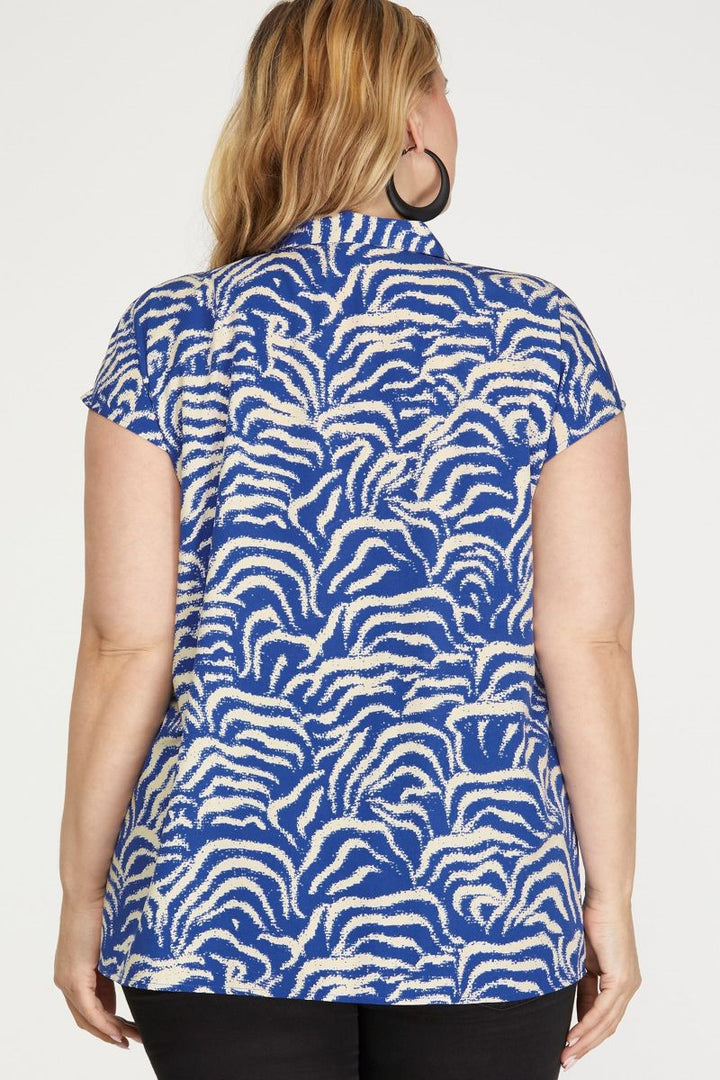 ROYAL BLUE V-NECK COLLARED DROP PLUS SIZE WOVEN TOP SKPSY6930