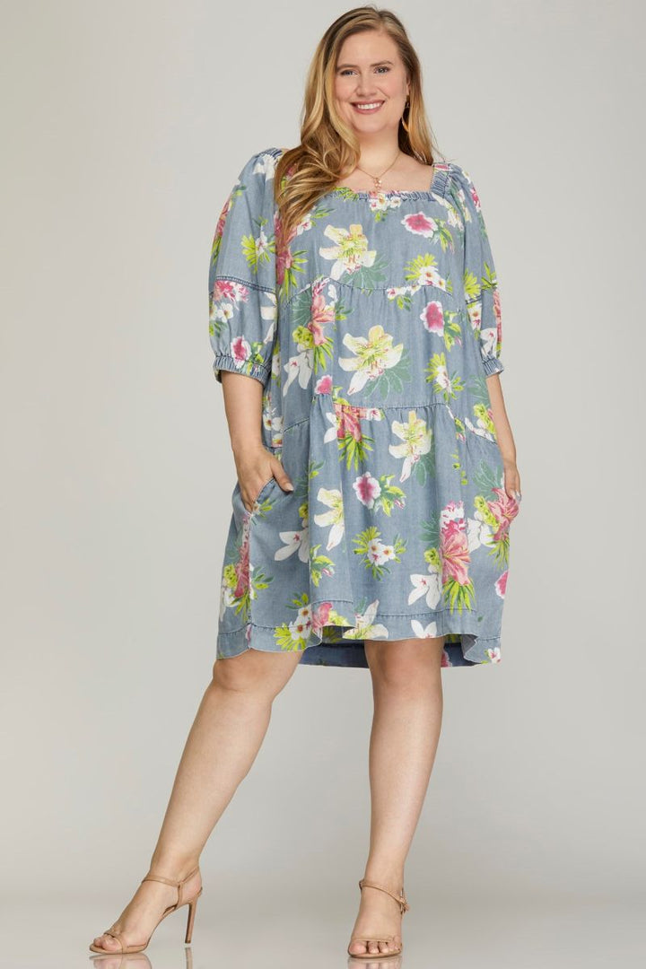 LT. BLUE FLORAL PUFF SLEEVES TIERED PLUS SIZE MINI DRESS SKPSY6947