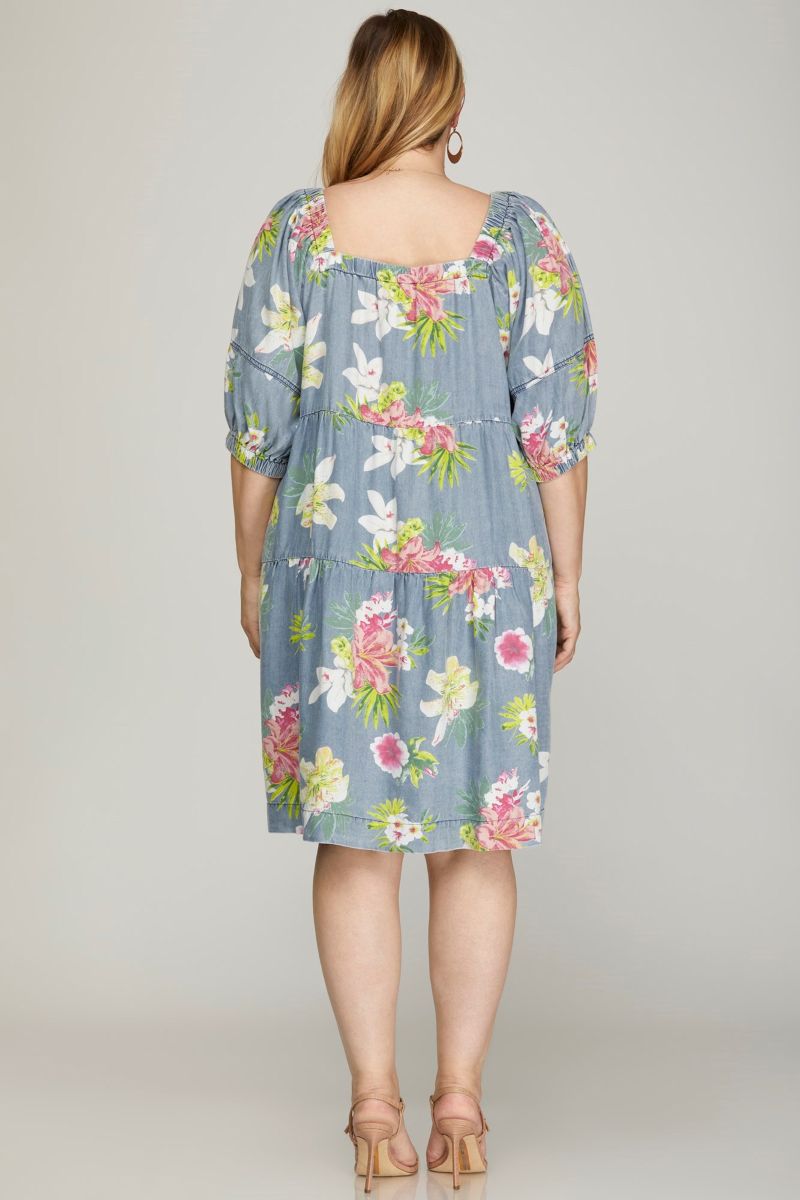 LT. BLUE FLORAL PUFF SLEEVES TIERED PLUS SIZE MINI DRESS SKPSY6947