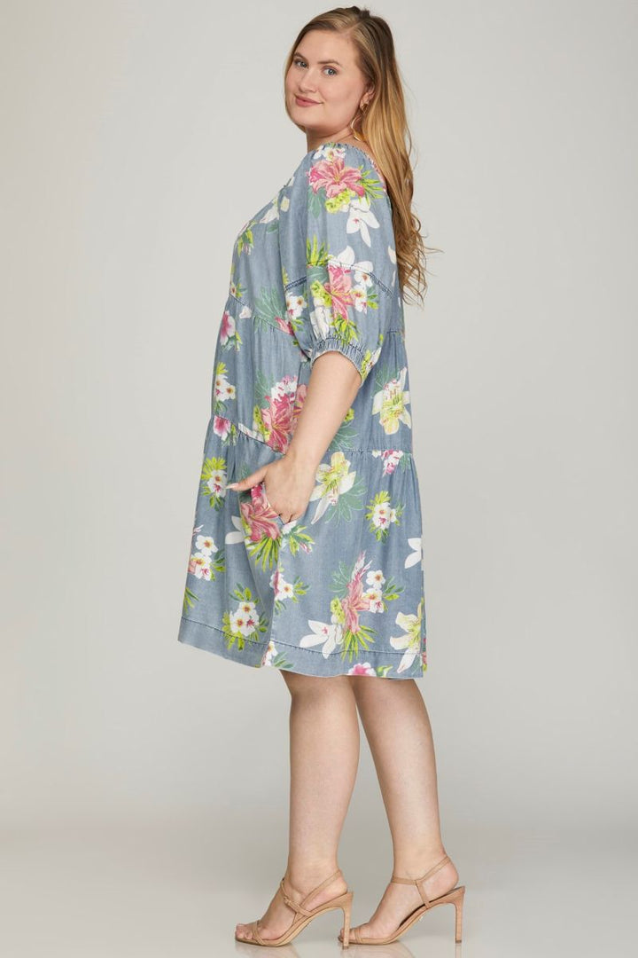 LT. BLUE FLORAL PUFF SLEEVES TIERED PLUS SIZE MINI DRESS SKPSY6947