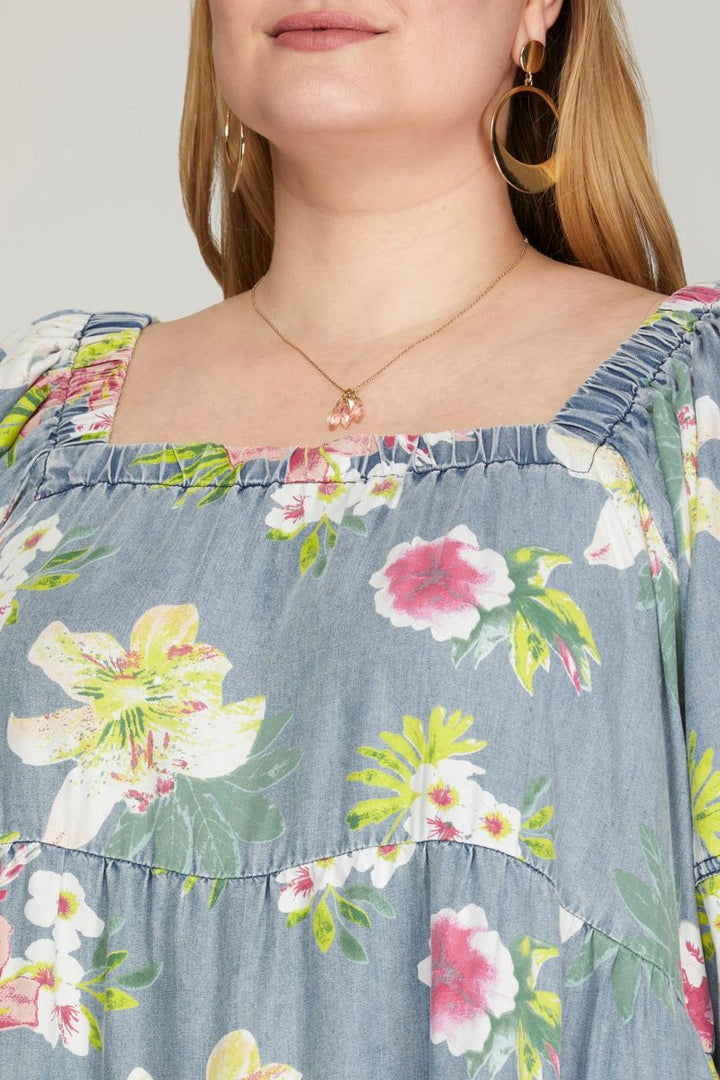 LT. BLUE FLORAL PUFF SLEEVES TIERED PLUS SIZE MINI DRESS SKPSY6947