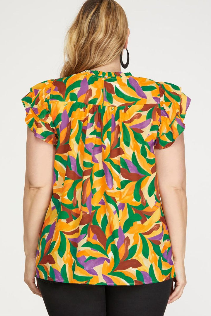 ORANGE YORK PRINT RUFFLE SLEEVES PLEATED PLUS SIZE WOVEN TOP SKPSY6949