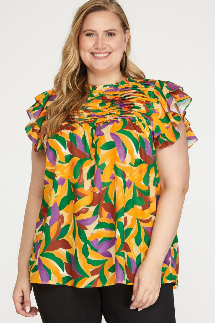 ORANGE YORK PRINT RUFFLE SLEEVES PLEATED PLUS SIZE WOVEN TOP SKPSY6949