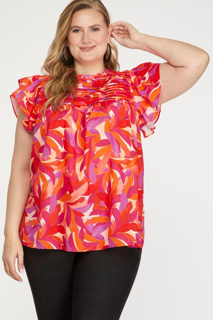FUCHSIA YORK PRINT RUFFLE SLEEVES PLEATED PLUS SIZE WOVEN TOP SKPSY6949