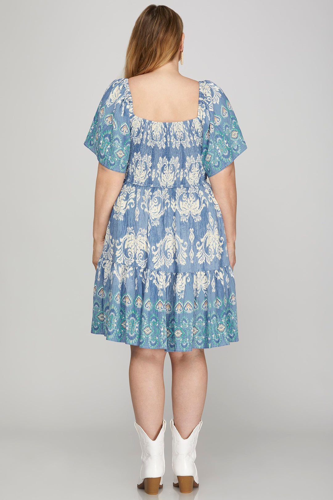 BLUE SMOCKED BORDER PRINT WOVEN MINI DRESS-SKPSY8665-PL