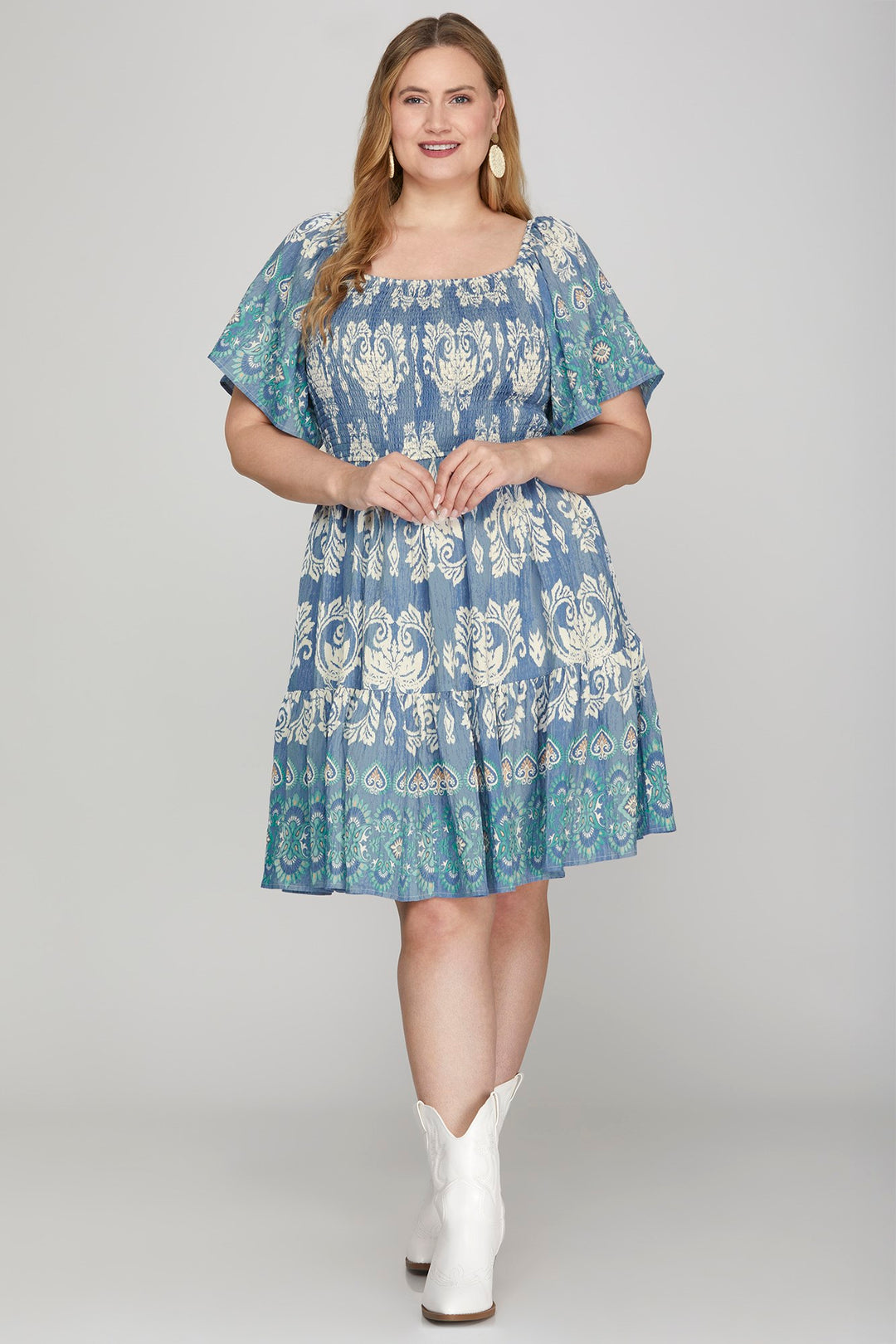 BLUE SMOCKED BORDER PRINT WOVEN MINI DRESS-SKPSY8665-PL
