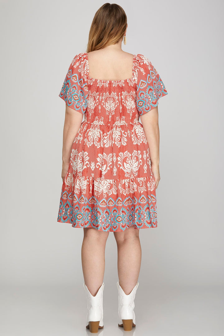 RED SMOCKED BORDER PRINT WOVEN MINI DRESS-SKPSY8665-PL