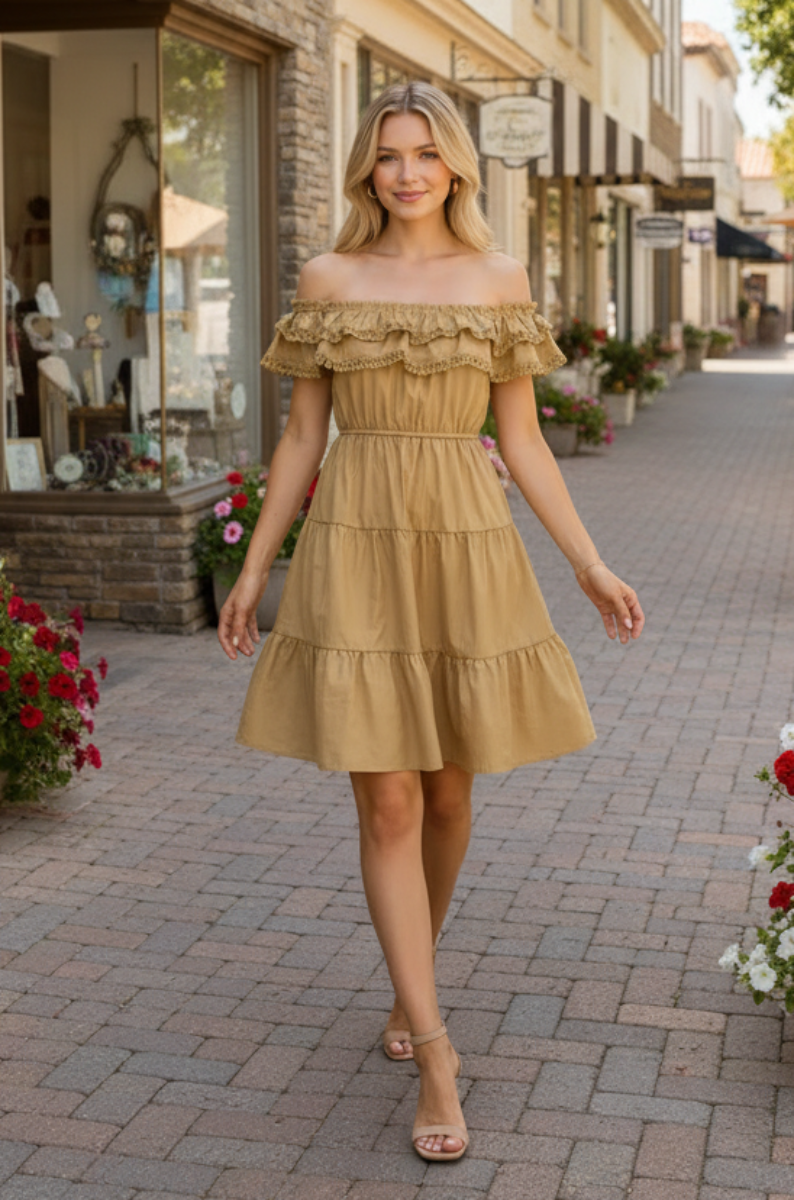 BABYDOLL OFF SHOULDER LACE DETAIL MINI DRESS-AVD51310W