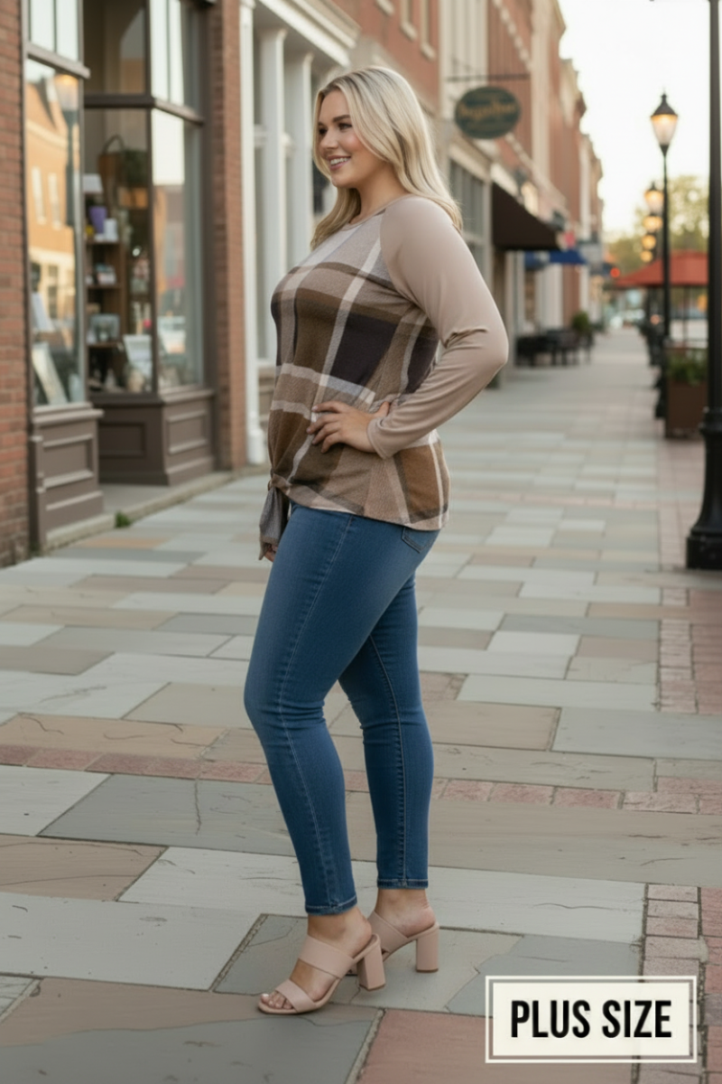 MOCHA MADRAS PRINT TAUPE CONTRAST PLUS SIZE TOP-B5265XA *