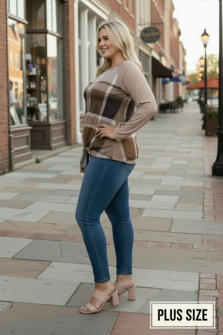 MOCHA MADRAS PRINT TAUPE CONTRAST PLUS SIZE TOP-B5265XA *