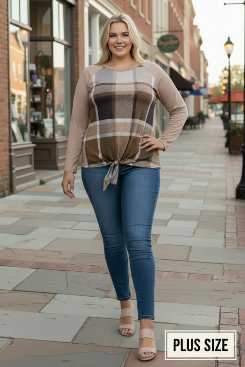 MOCHA MADRAS PRINT TAUPE CONTRAST PLUS SIZE TOP-B5265XA *