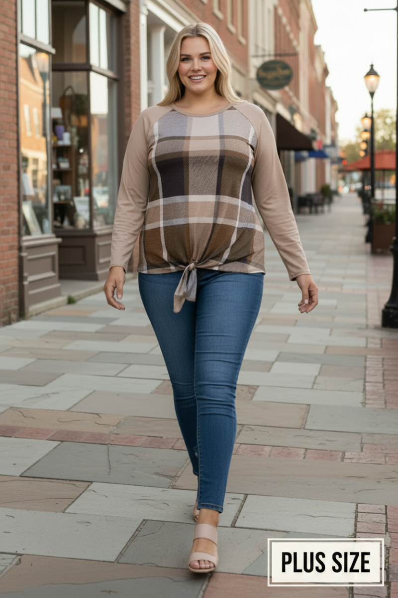 MOCHA MADRAS PRINT TAUPE CONTRAST PLUS SIZE TOP-B5265XA *