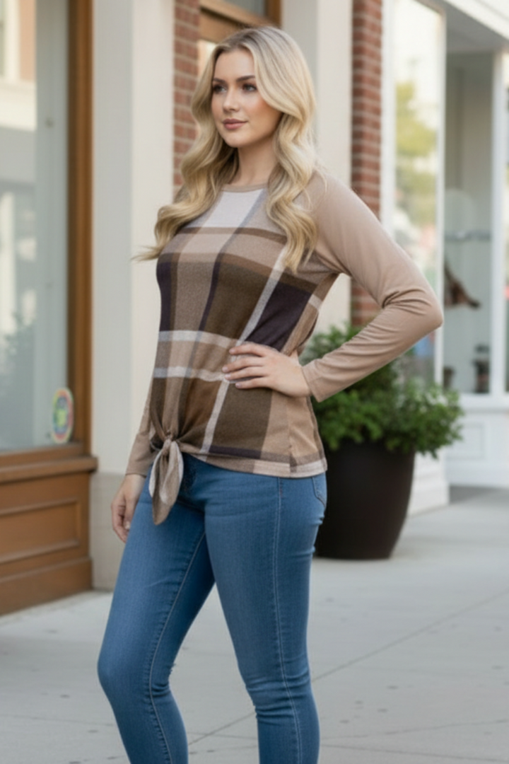 MOCHA MADRAS PRINT TAUPE CONTRAST PLUS SIZE TOP-B5265XA -