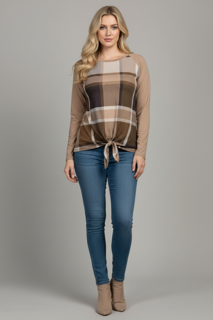 MOCHA MADRAS PRINT TAUPE CONTRAST PLUS SIZE TOP-B5265XA *