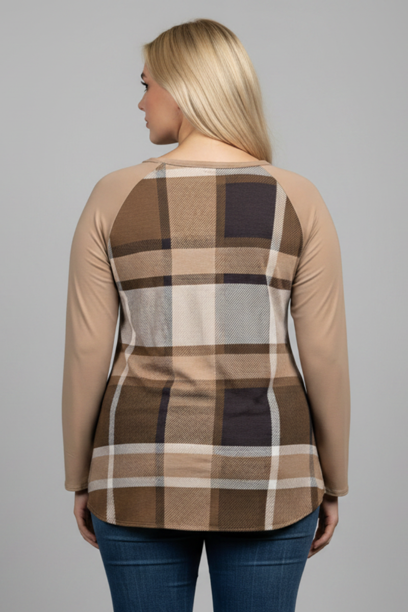 MOCHA MADRAS PRINT TAUPE CONTRAST PLUS SIZE TOP-B5265XA *
