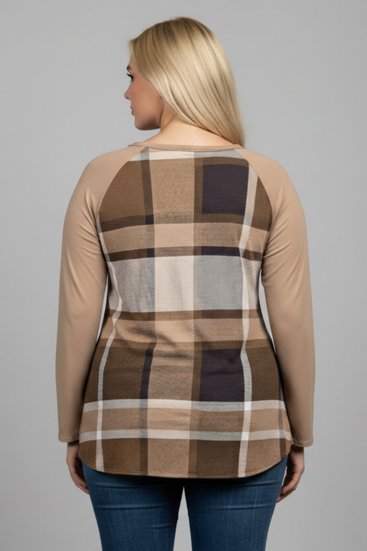 MOCHA MADRAS PRINT TAUPE CONTRAST PLUS SIZE TOP-B5265XA *