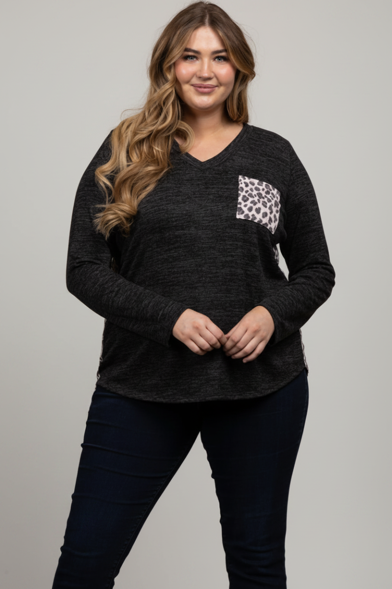 BLACK LEOPARD PRINT CONTRAST LONG SLEEVES KNIT PLUS SIZE TOP-ST1792