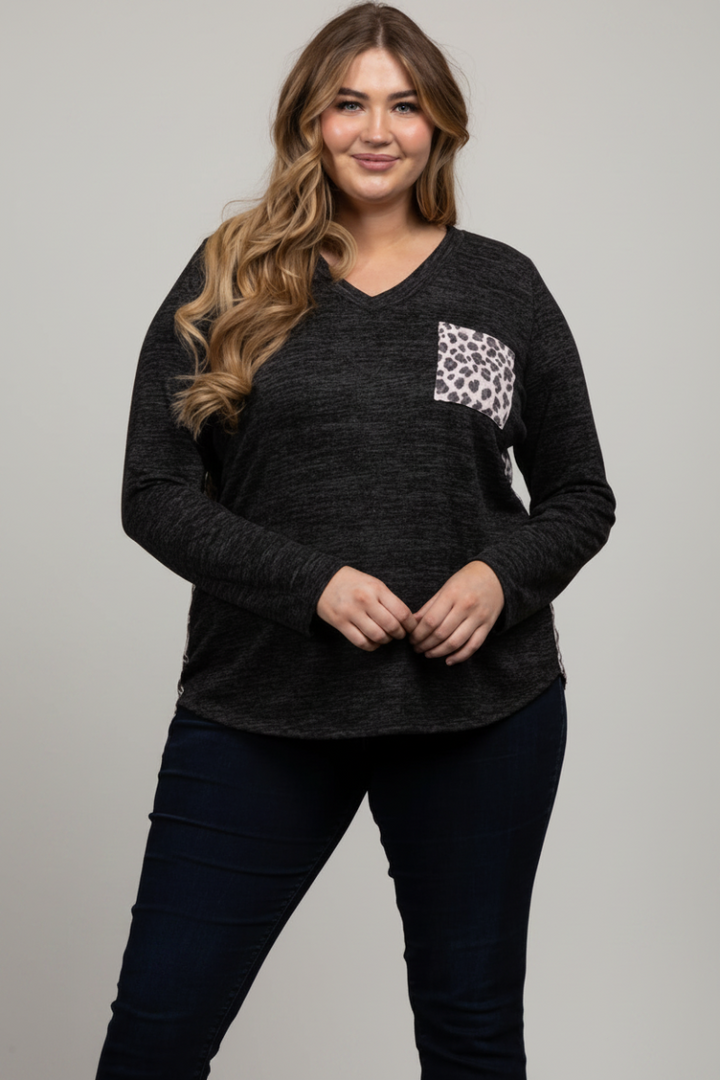 BLACK LEOPARD PRINT CONTRAST LONG SLEEVES KNIT PLUS SIZE TOP-ST1792