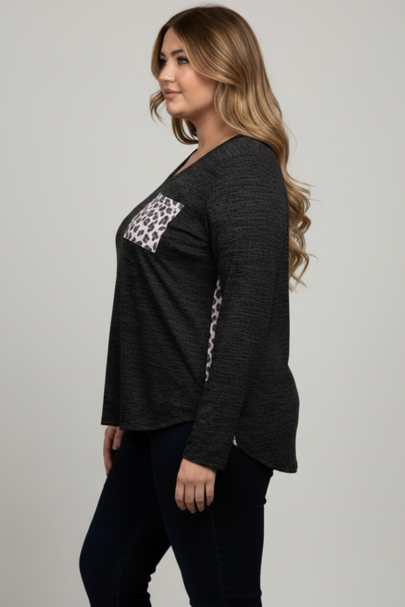 BLACK LEOPARD PRINT CONTRAST LONG SLEEVES KNIT PLUS SIZE TOP-ST1792