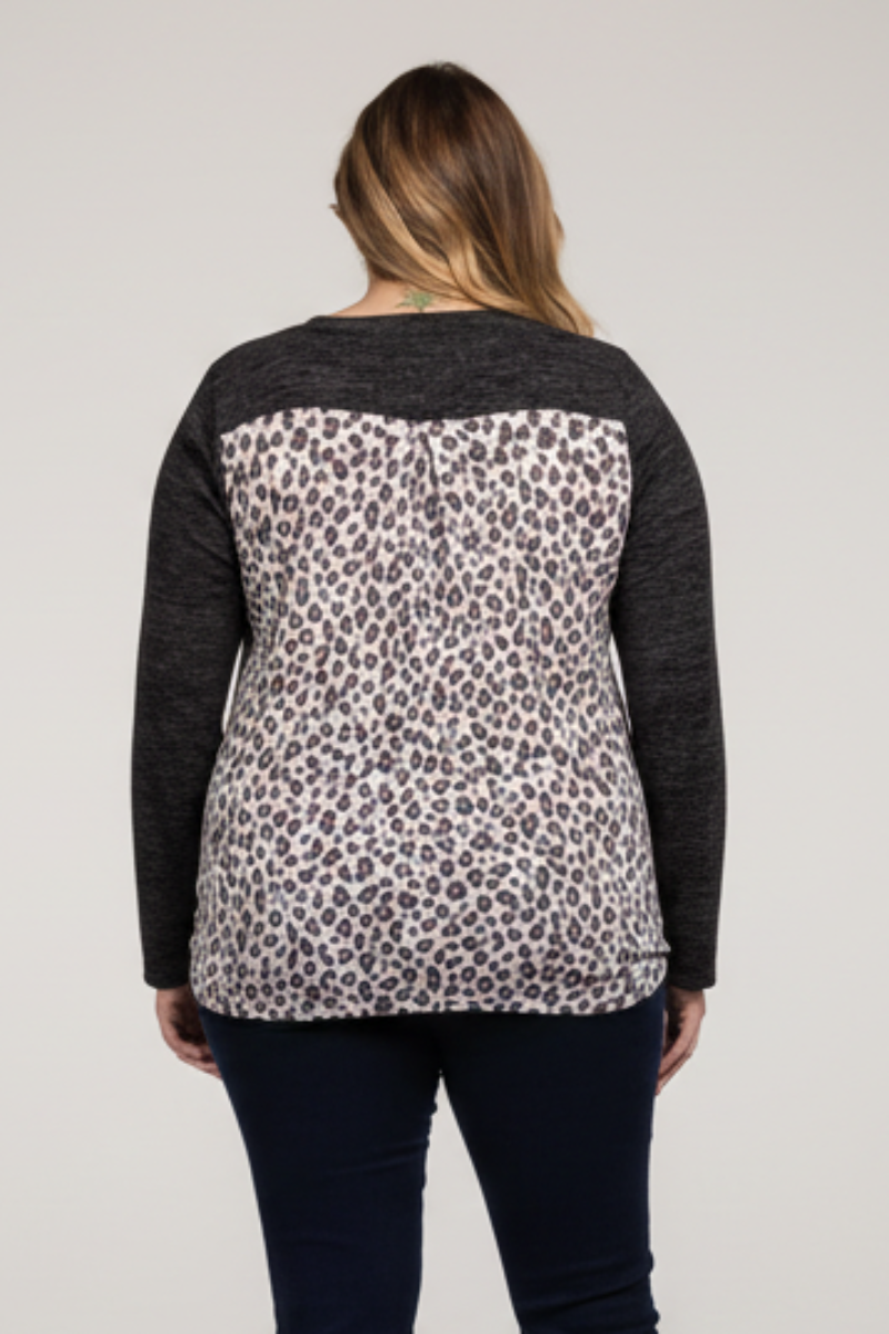 BLACK LEOPARD PRINT CONTRAST LONG SLEEVES KNIT PLUS SIZE TOP-ST1792
