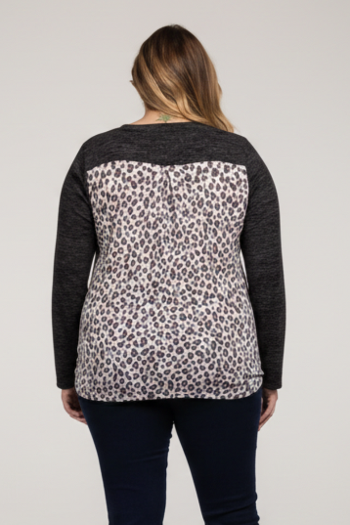 BLACK LEOPARD PRINT CONTRAST LONG SLEEVES KNIT PLUS SIZE TOP-ST1792
