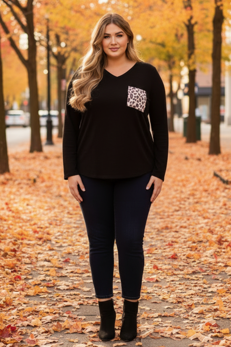 BLACK LEOPARD PRINT CONTRAST LONG SLEEVES KNIT PLUS SIZE TOP-ST1792