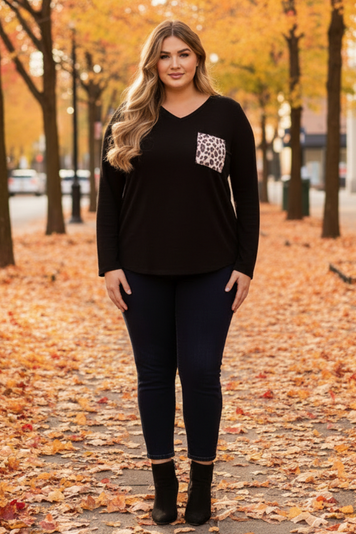BLACK LEOPARD PRINT CONTRAST LONG SLEEVES KNIT PLUS SIZE TOP-ST1792