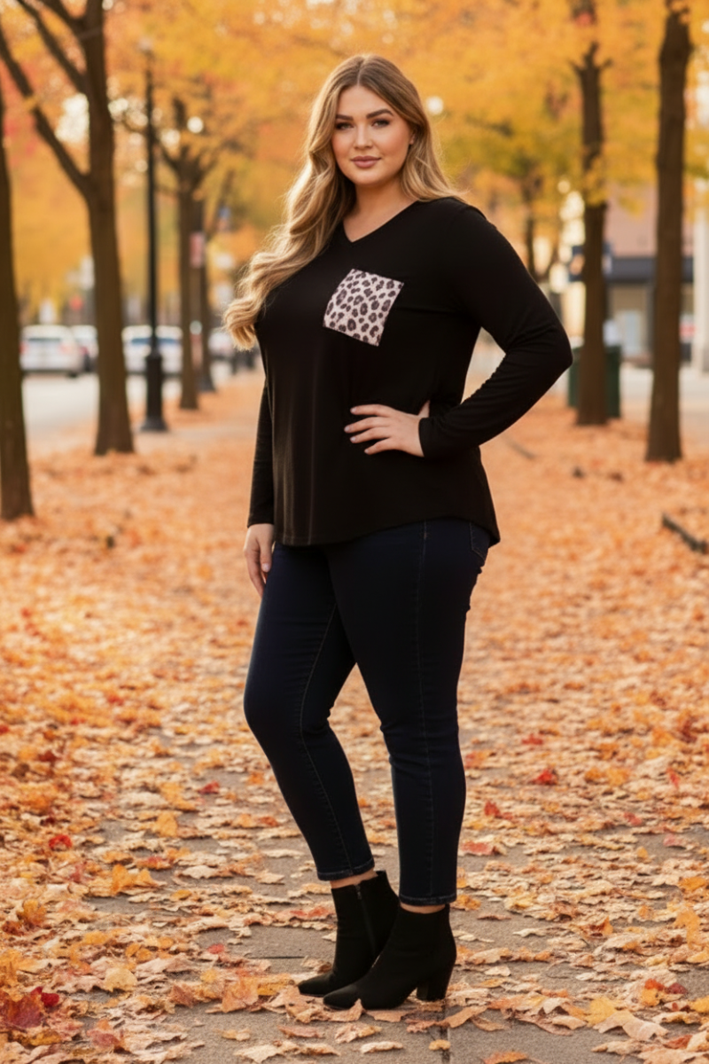 BLACK LEOPARD PRINT CONTRAST LONG SLEEVES KNIT PLUS SIZE TOP-ST1792