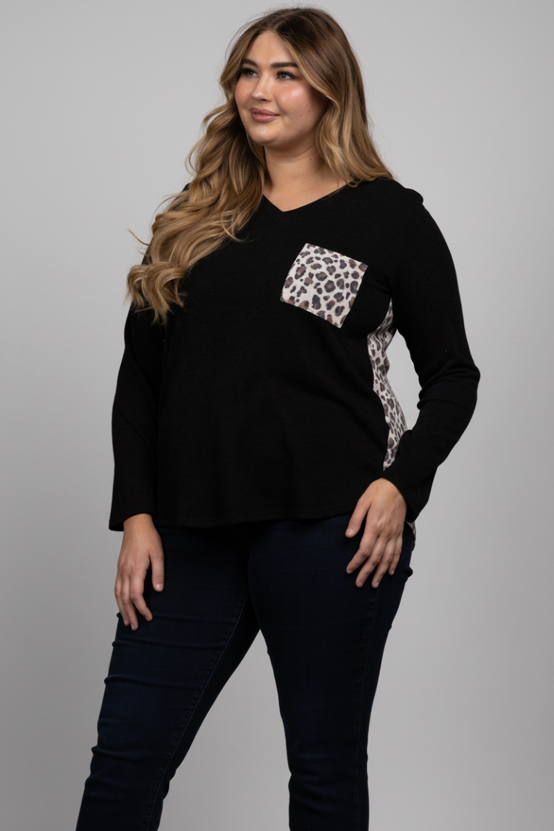 BLACK LEOPARD PRINT CONTRAST LONG SLEEVES KNIT PLUS SIZE TOP-ST1792