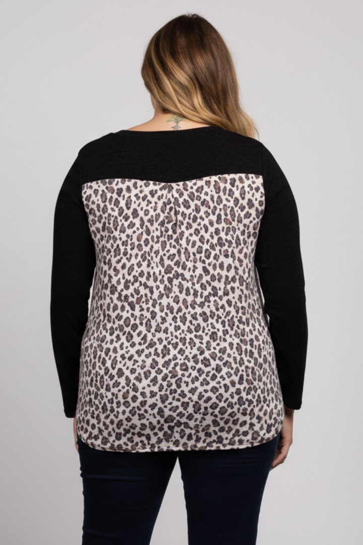 BLACK LEOPARD PRINT CONTRAST LONG SLEEVES KNIT PLUS SIZE TOP-ST1792