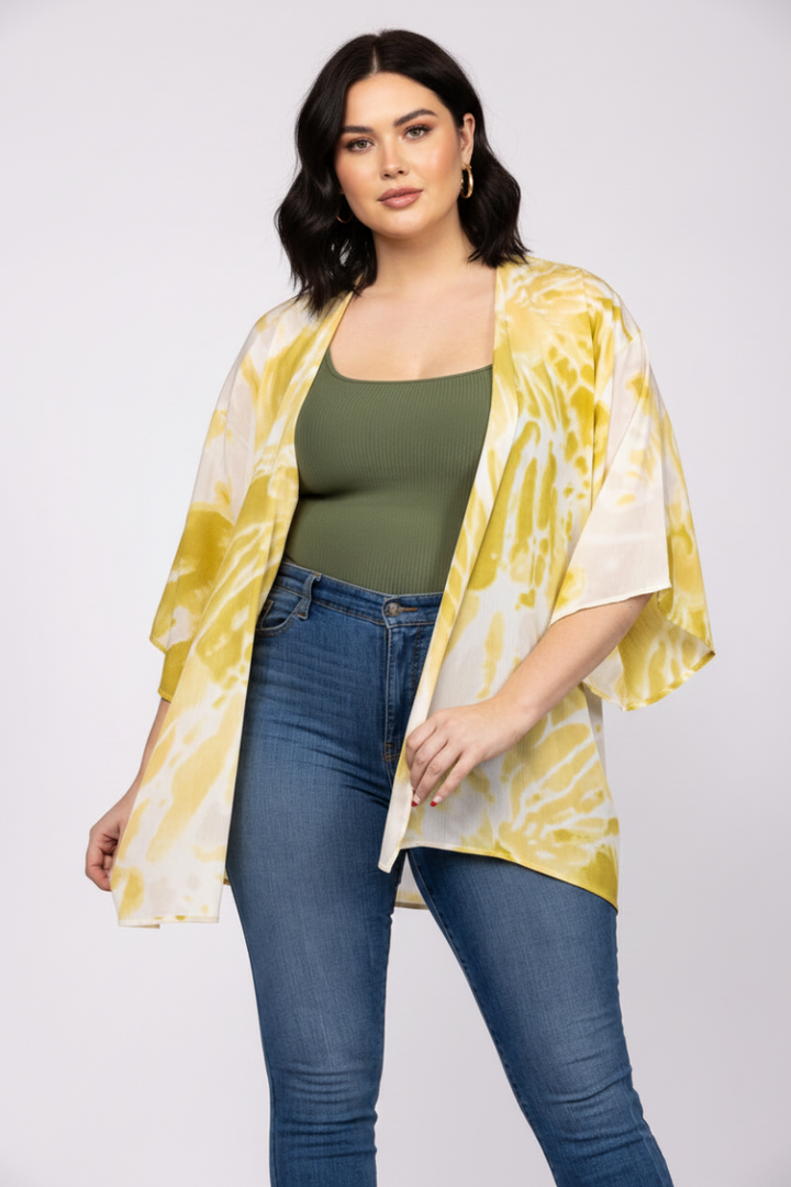 IVORY LIME OPEN FRONT COVER UP PLUS SIZE CARDIGAN-T1787*