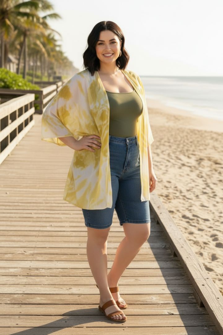 IVORY LIME OPEN FRONT COVER UP PLUS SIZE CARDIGAN-T1787-