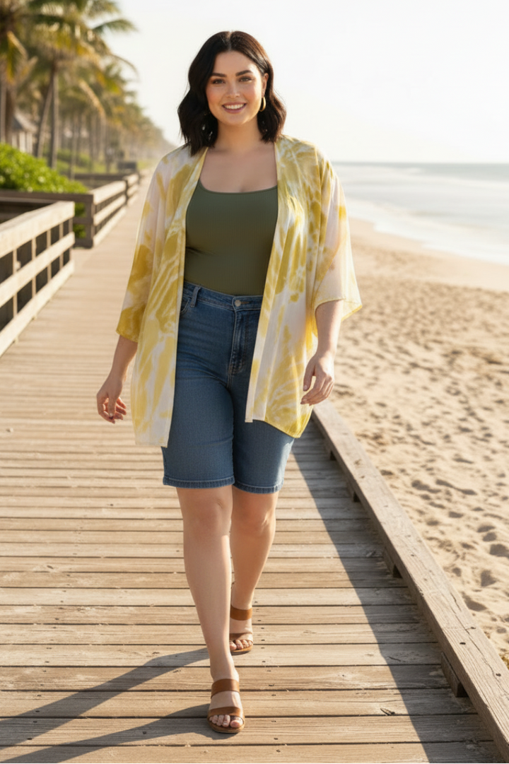IVORY LIME OPEN FRONT COVER UP PLUS SIZE CARDIGAN-T1787-