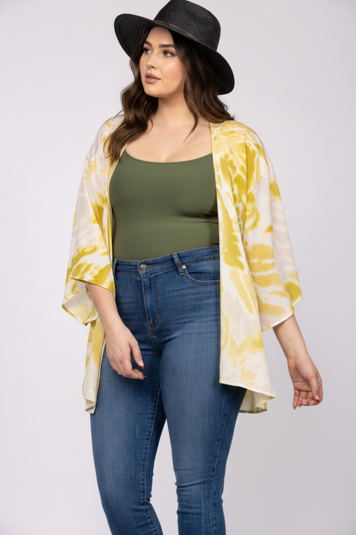 IVORY LIME OPEN FRONT COVER UP PLUS SIZE CARDIGAN-T1787*