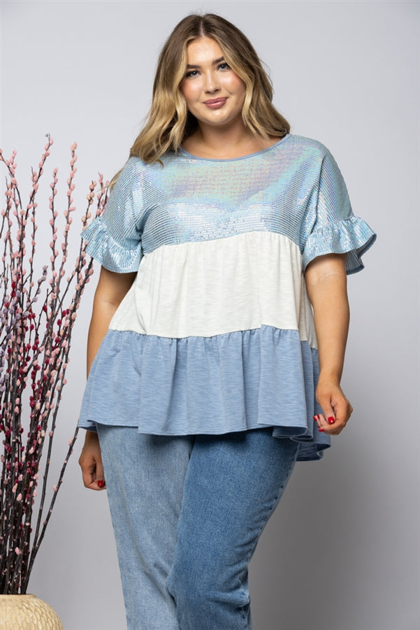 LIGHT BLUE SEQUIN AND IVORY/BLUE SHORT SLEEVE PLUS SIZE TOP