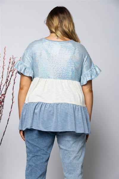 LIGHT BLUE SEQUIN AND IVORY/BLUE SHORT SLEEVE TOP