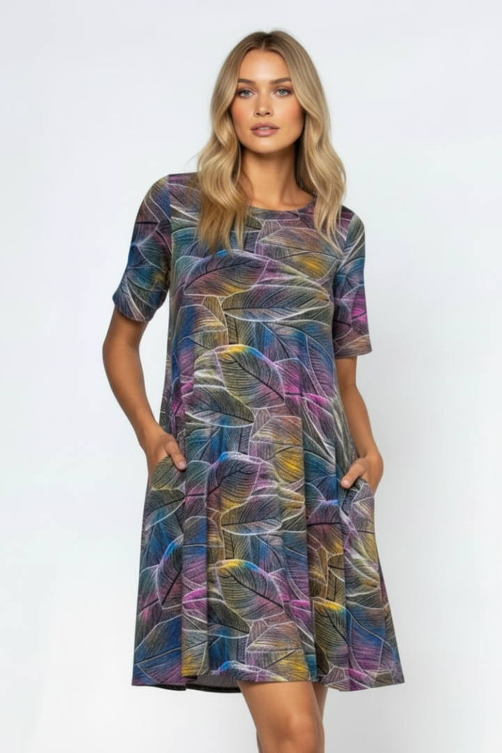 BLACK PURPLE LEAVES PRINT MIDI DRESS-VC3500-