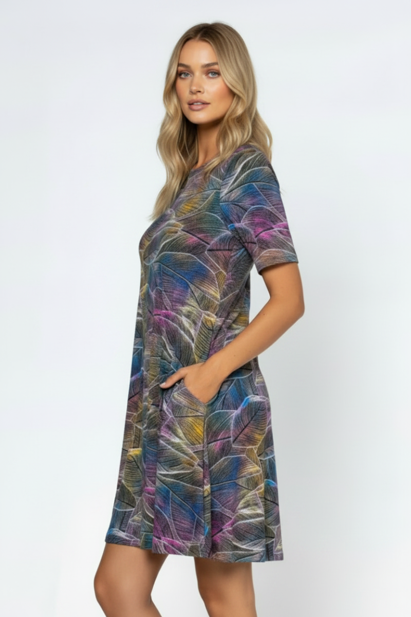 BLACK PURPLE LEAVES PRINT MIDI DRESS-VC3500-