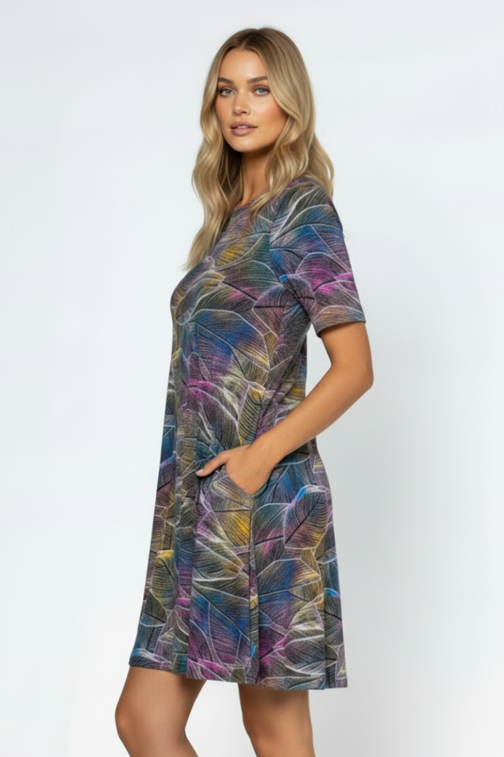 BLACK PURPLE LEAVES PRINT MIDI DRESS-VC3500-