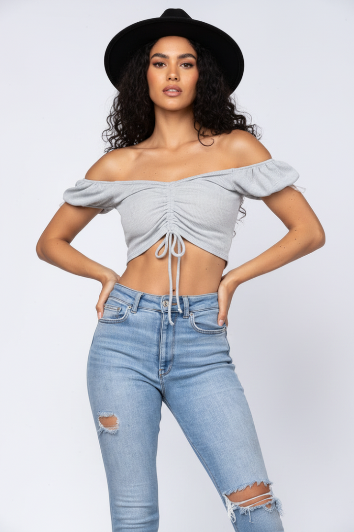 DUSTY GREY OFF SHOULDER RUCHED DRAWSTRING  CROP TOP-H7366*