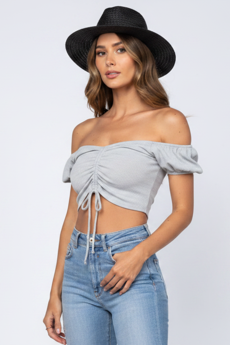 DUSTY GREY OFF SHOULDER RUCHED DRAWSTRING  CROP TOP-H7366*