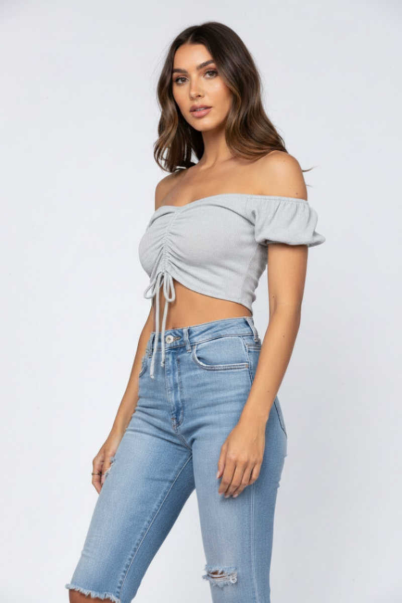 DUSTY GREY OFF SHOULDER RUCHED DRAWSTRING  CROP TOP-H7366*