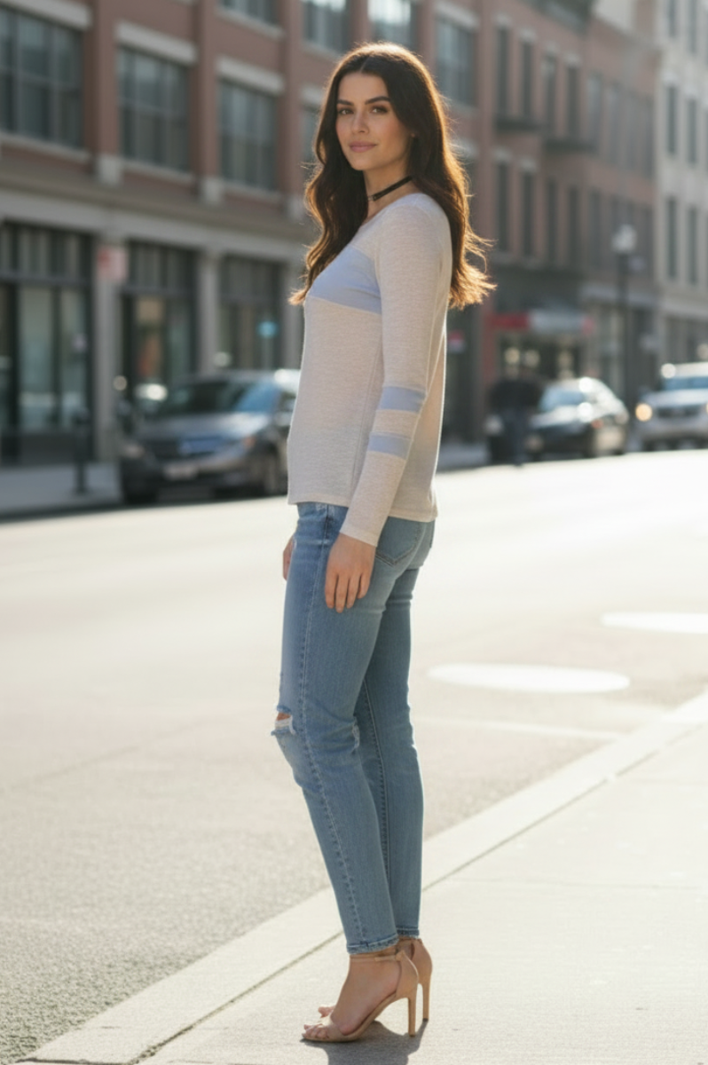 OATMEAL BLUE CONTRAST TOP-VT5056